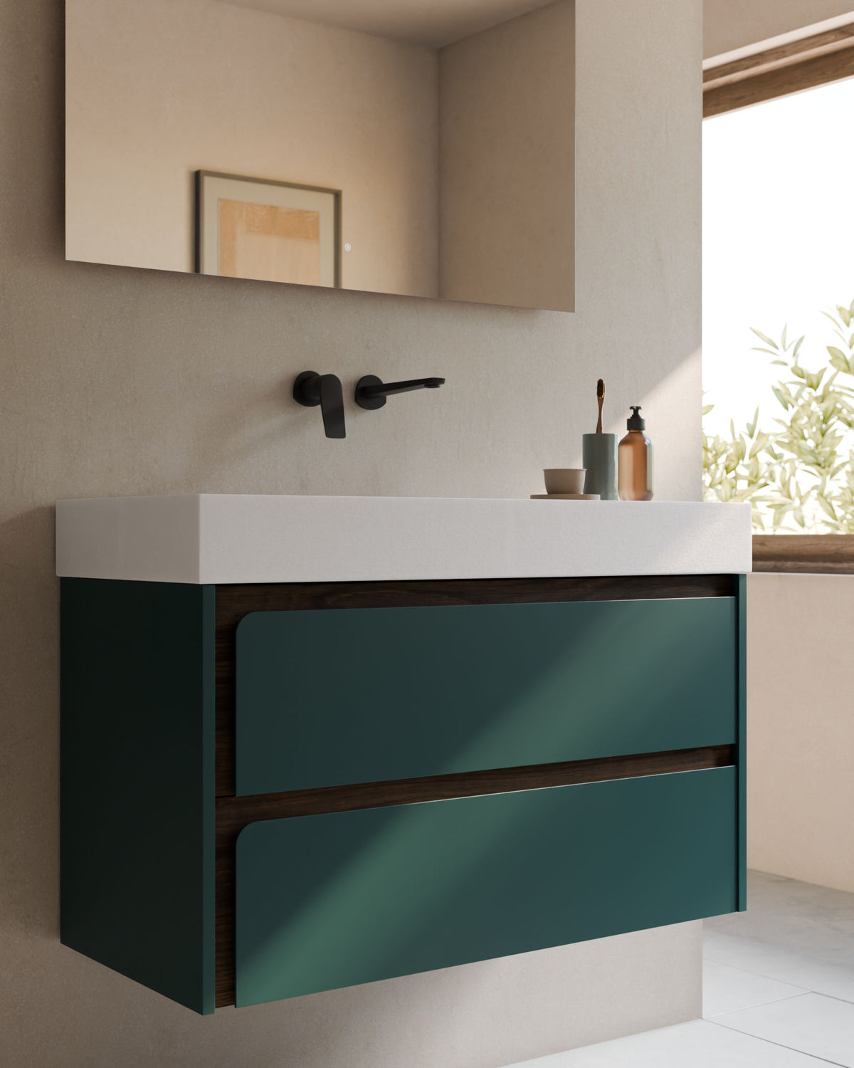 Cyra 2 cajones esmeralda nogal – con lavabo integrado Toren Blanco, Faldón 10 cm, sin agujero de grifo, primer plano