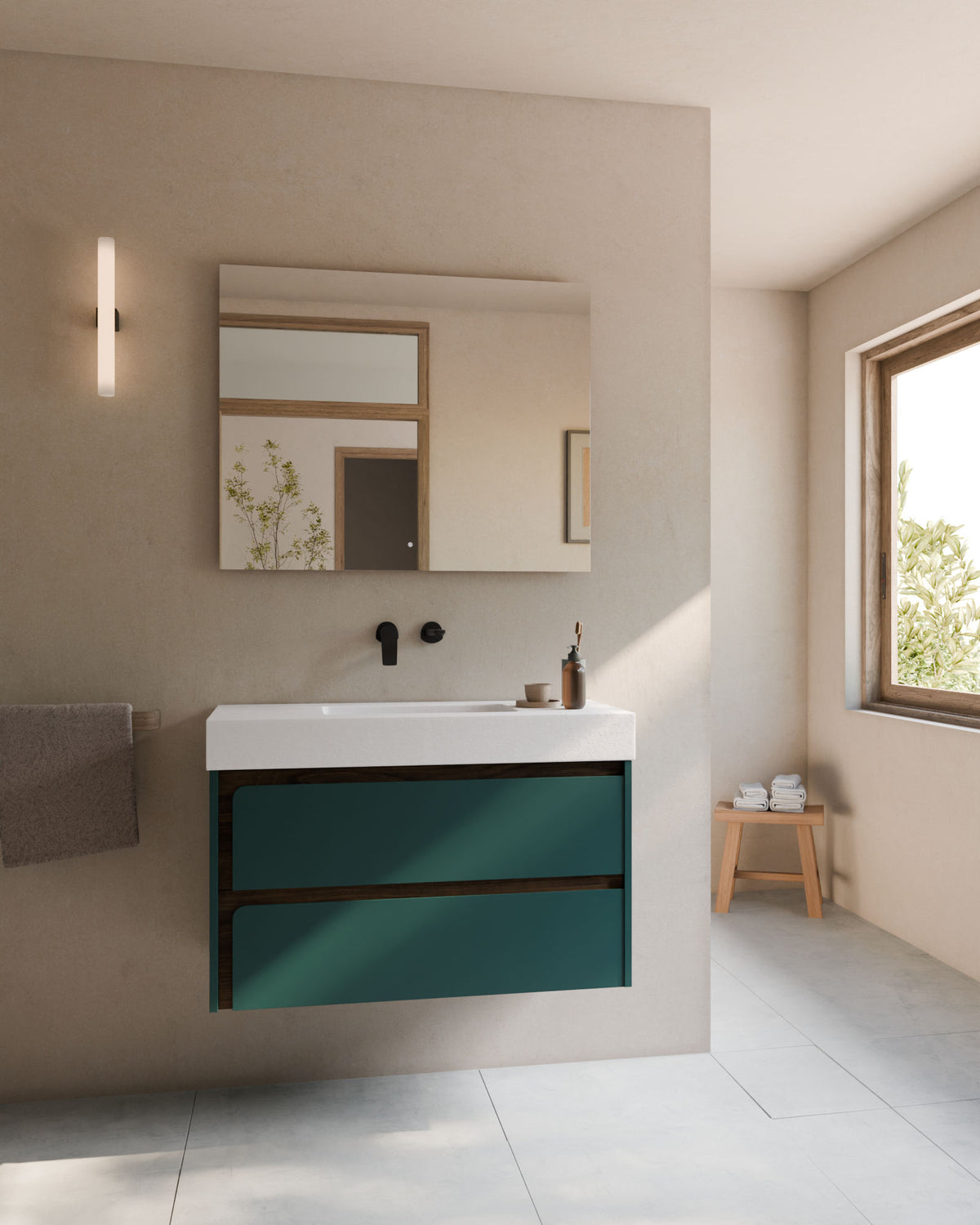Cyra 2 cajones esmeralda nogal – con lavabo integrado Toren Blanco, Faldón 10 cm, sin agujero de grifo, vista frontal