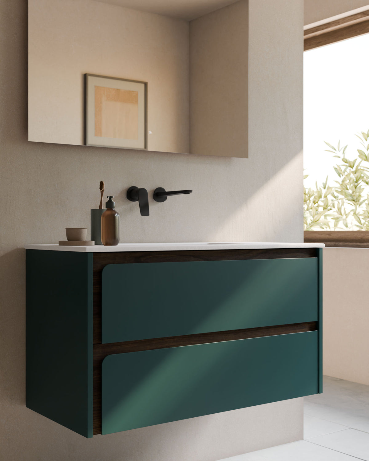 Cyra 2 cajones esmeralda nogal – con lavabo integrado Toren Blanco, Faldón 2 cm, sin agujero de grifo, primer plano