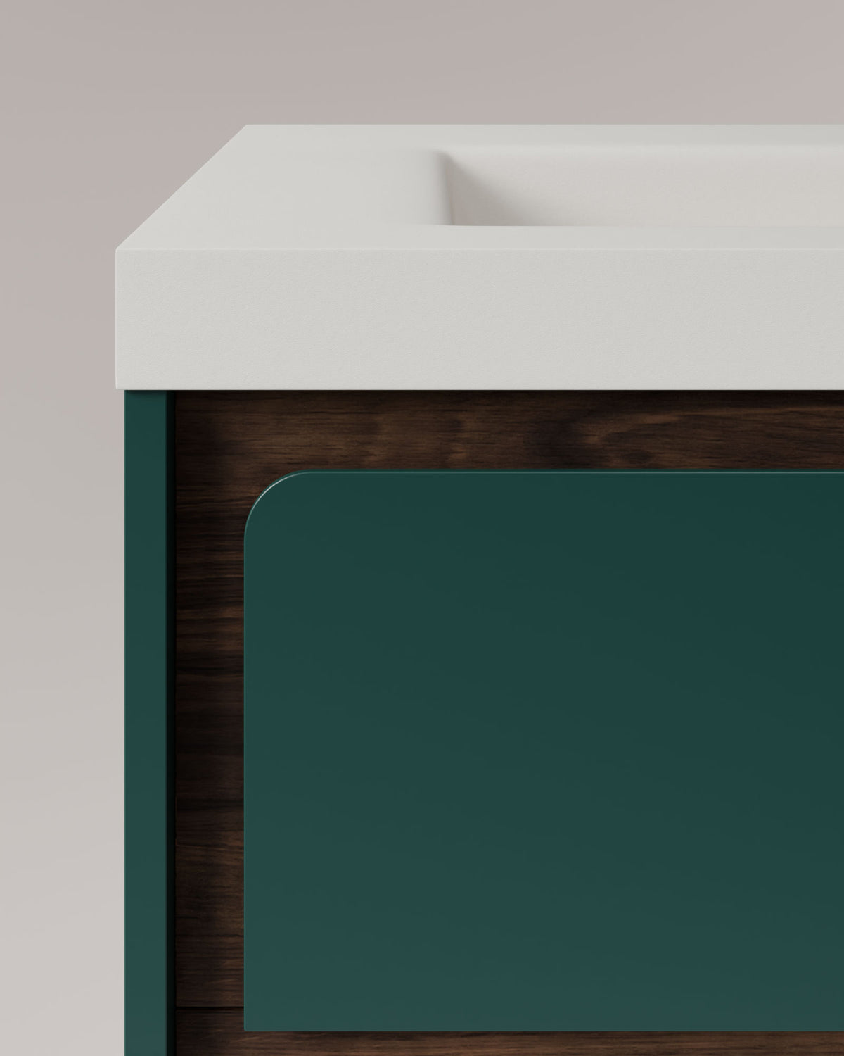 Cyra 2 cajones esmeralda nogal – con lavabo integrado Ardelia Blanco, Faldón 6 cm, con agujero de grifo, vista de detalle