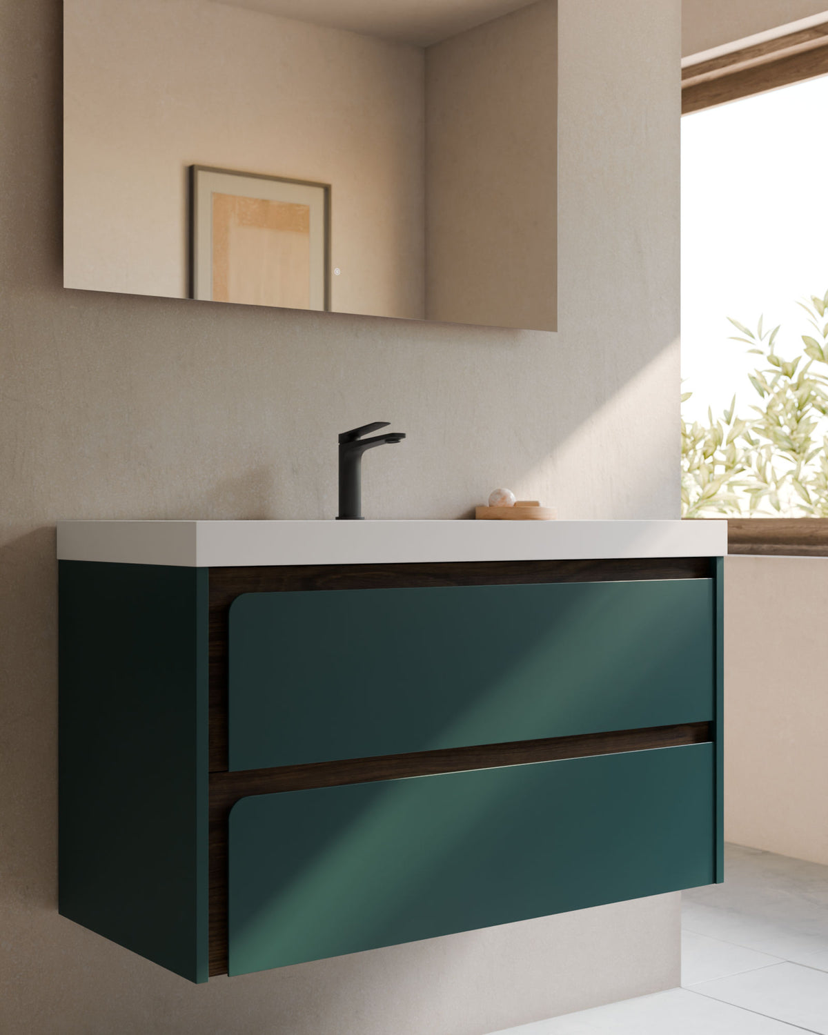 Cyra 2 cajones esmeralda nogal – con lavabo integrado Ardelia Blanco, Faldón 6 cm, con agujero de grifo, primer plano