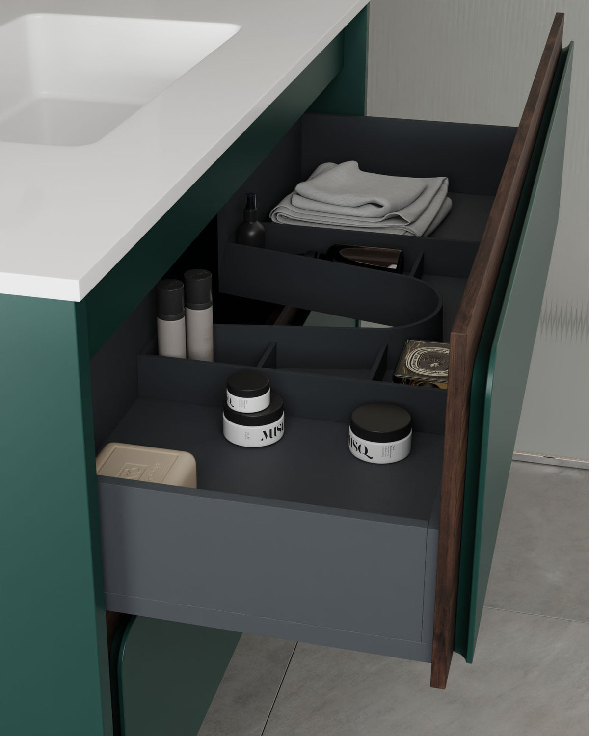 Cyra 2 cajones esmeralda nogal – con lavabo integrado Toren Blanco, Faldón 2 cm, sin agujero de grifo, vista del cajón