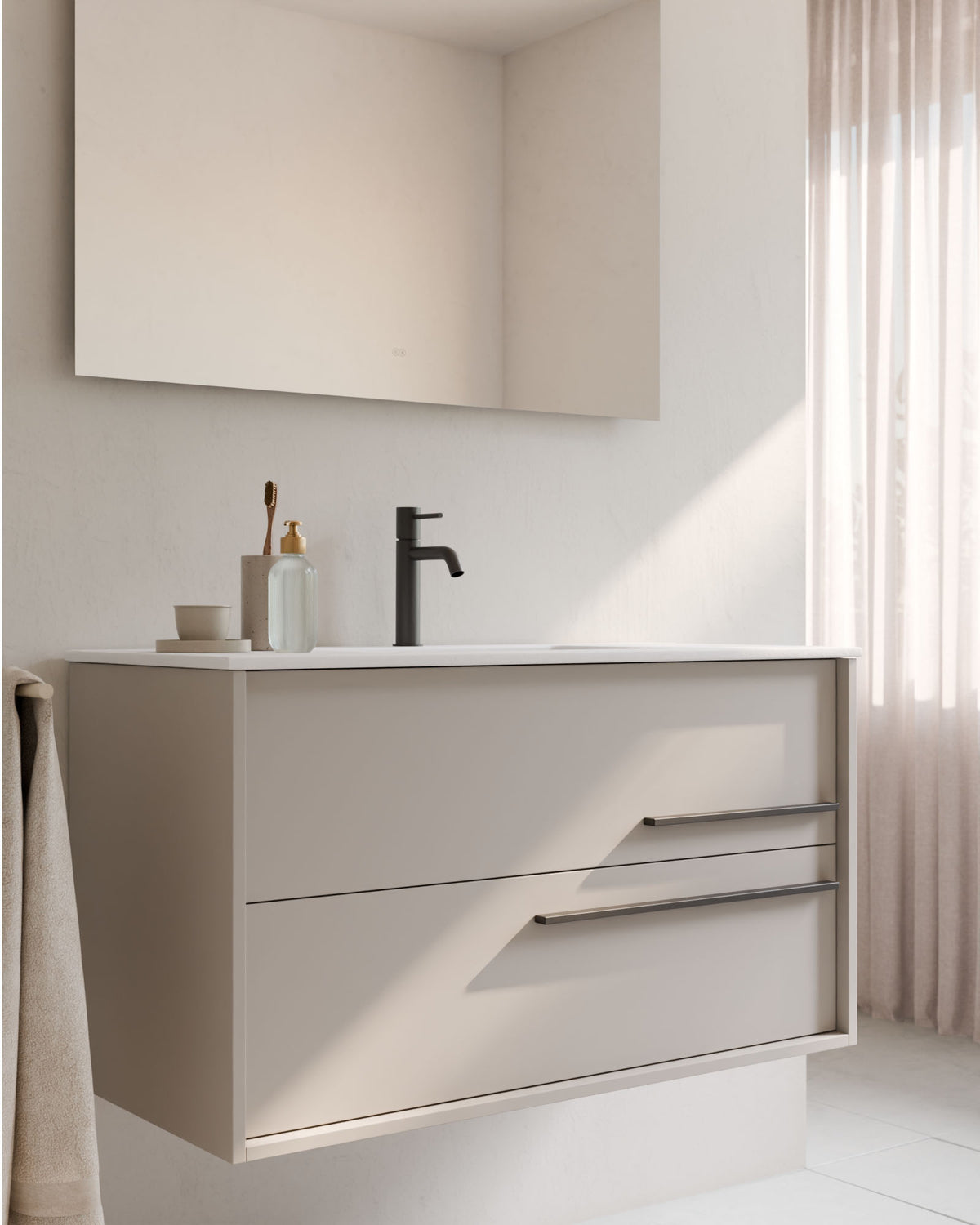 Marel 2 Schubladen Taupe Graphit – mit Möbelwaschtisch Toren Weiß, Schürze 2 cm, mit Hahnloch, Nahaufnahme
