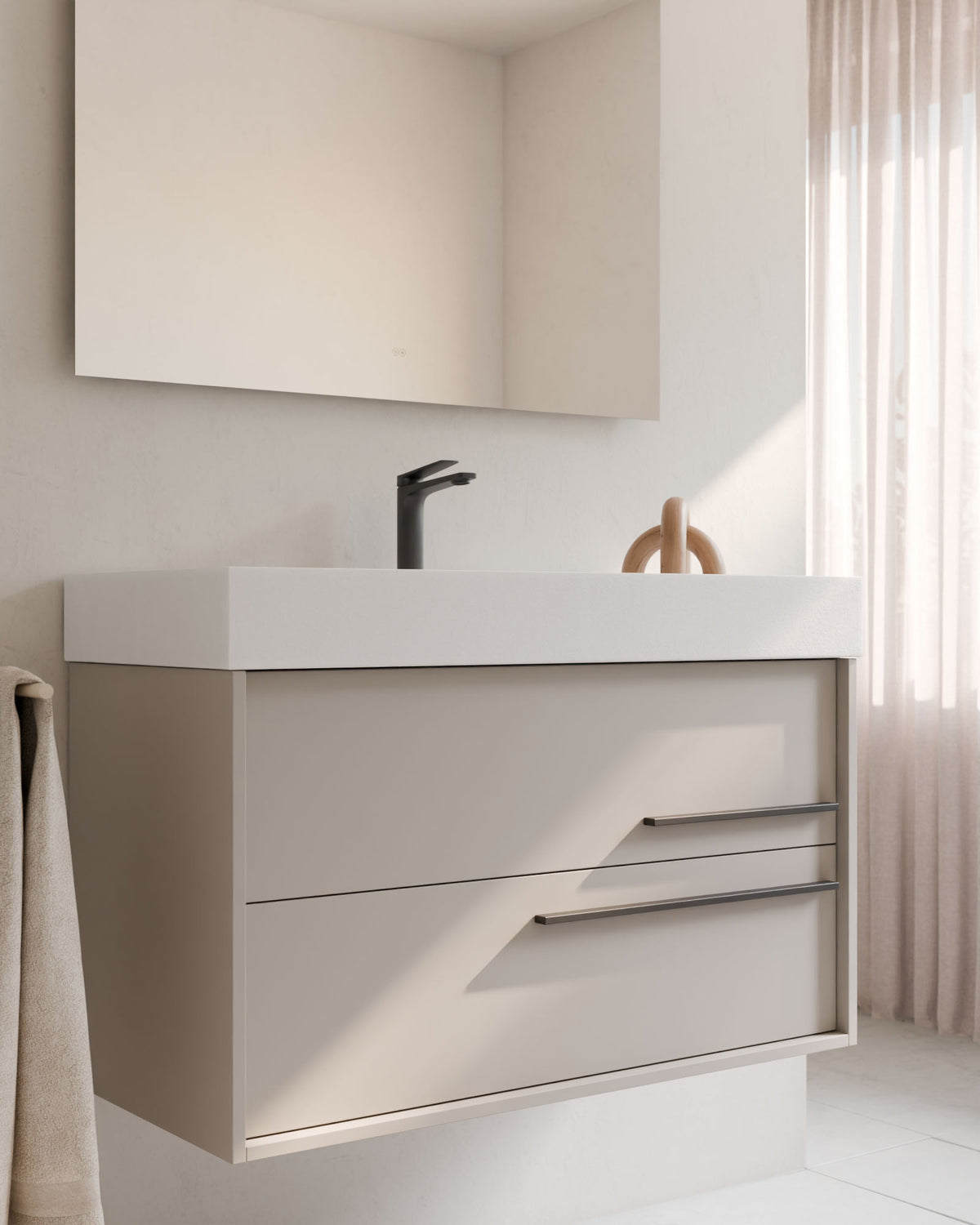 Marel 2 Schubladen Taupe Graphit – mit Möbelwaschtisch Toren Weiß, Schürze 10 cm, mit Hahnloch, Nahaufnahme