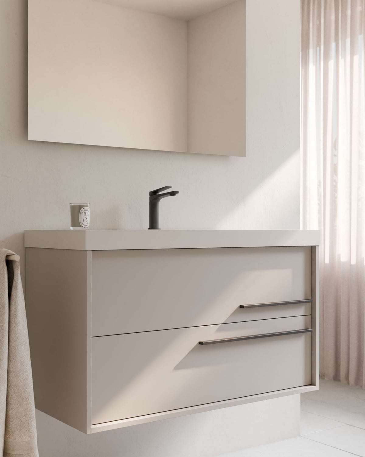 Marel 2 Schubladen Taupe Graphit – mit Möbelwaschtisch Ardelia Weiß, Schürze 6 cm, mit Hahnloch, Nahaufnahme