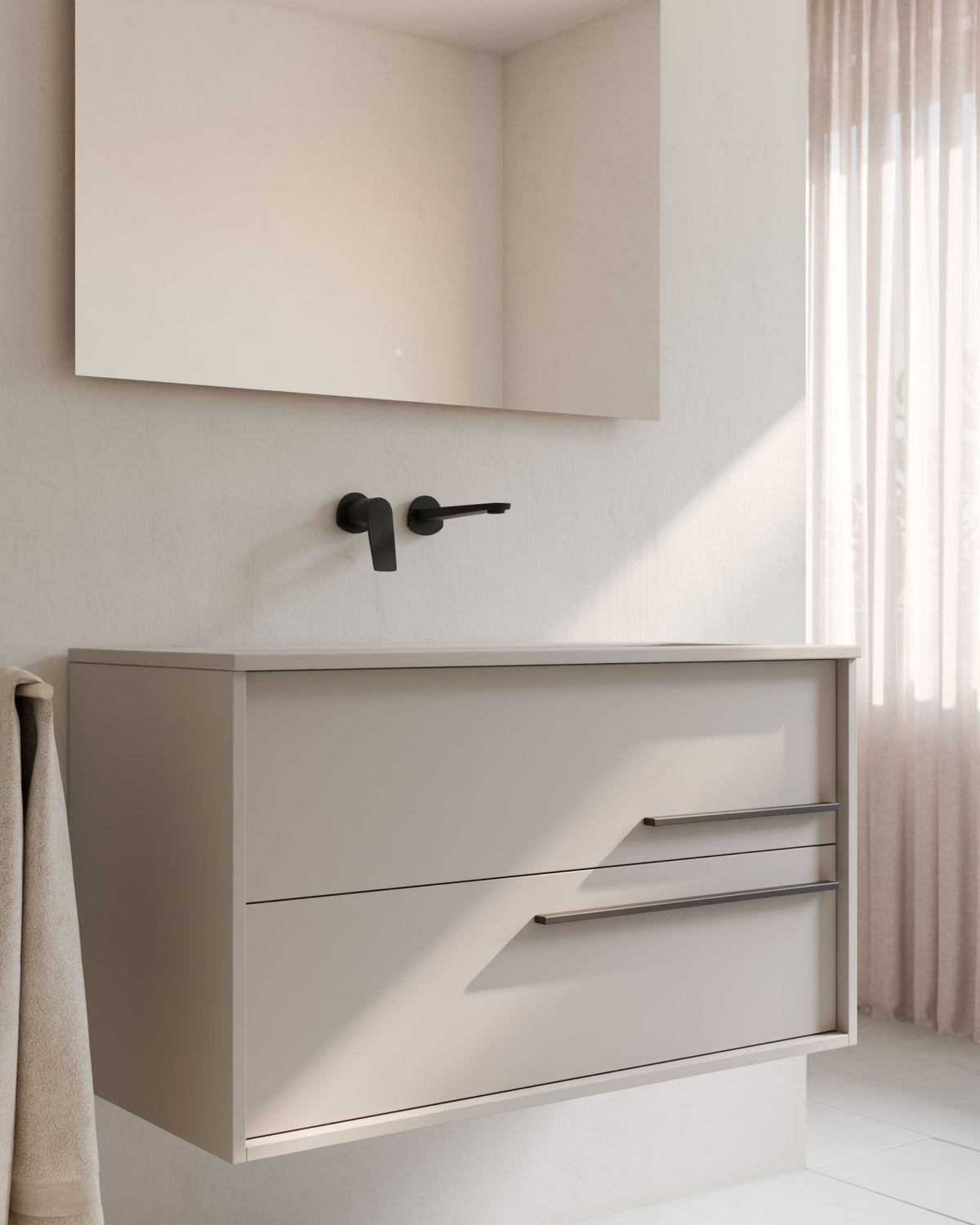 Marel 2 Schubladen Taupe Graphit – mit Möbelwaschtisch Meira Taupe, Schürze 2 cm, ohne Hahnloch, Nahaufnahme