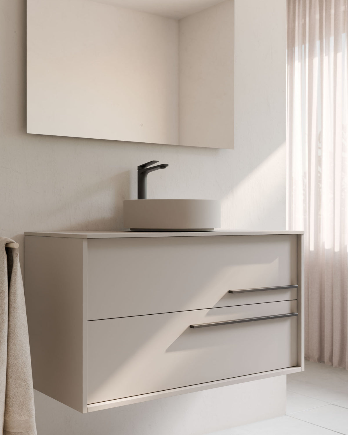 Marel 2 Schubladen Taupe Graphit – mit Arbeitsplatte Taupe, Nahaufnahme