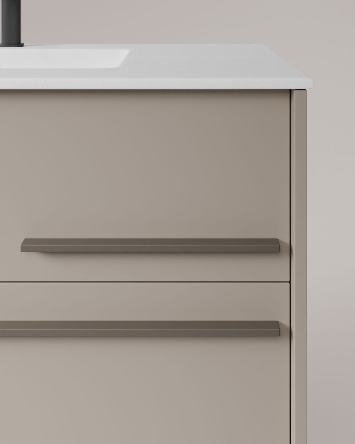 Marel 2 Schubladen Taupe Quarz – mit Möbelwaschtisch Toren Weiß, Schürze 2 cm, mit Hahnloch, Detailansicht