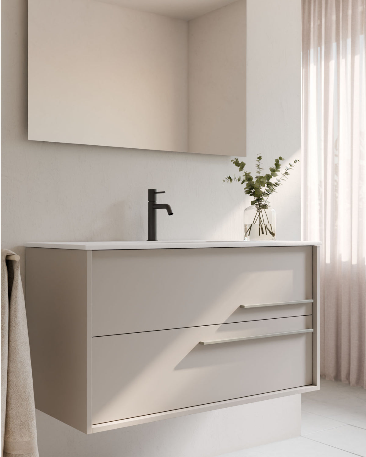 Marel 2 Schubladen Taupe Quarz – mit Möbelwaschtisch Toren Weiß, Schürze 2 cm, mit Hahnloch, Nahaufnahme