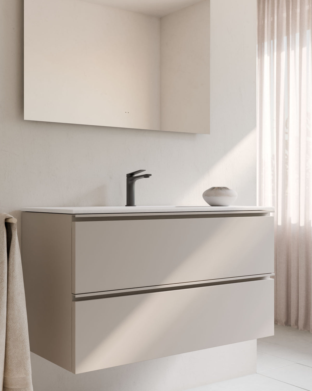 Ronda 2 Schubladen Taupe Taupe – mit Möbelwaschtisch Toren Weiß, Schürze 2 cm, mit Hahnloch, Nahaufnahme