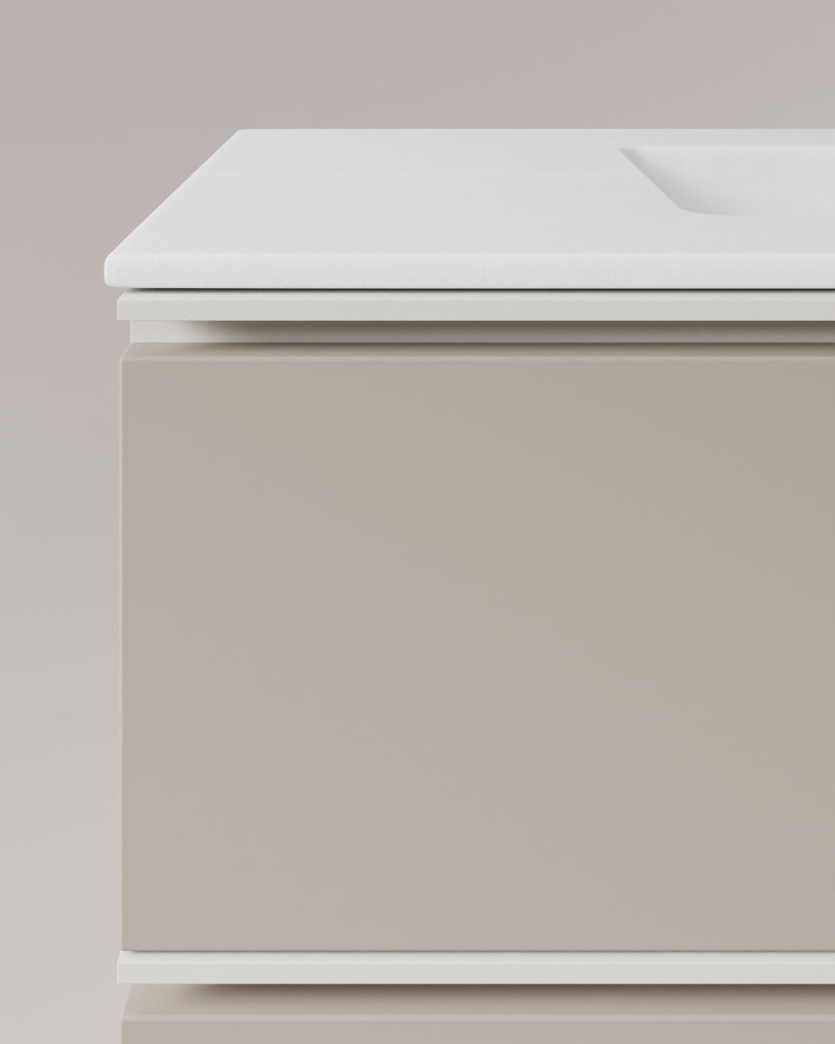 Ronda 2 Schubladen Taupe Weiß – mit Möbelwaschtisch Toren Weiß, Schürze 2 cm, ohne Hahnloch, Detailansicht