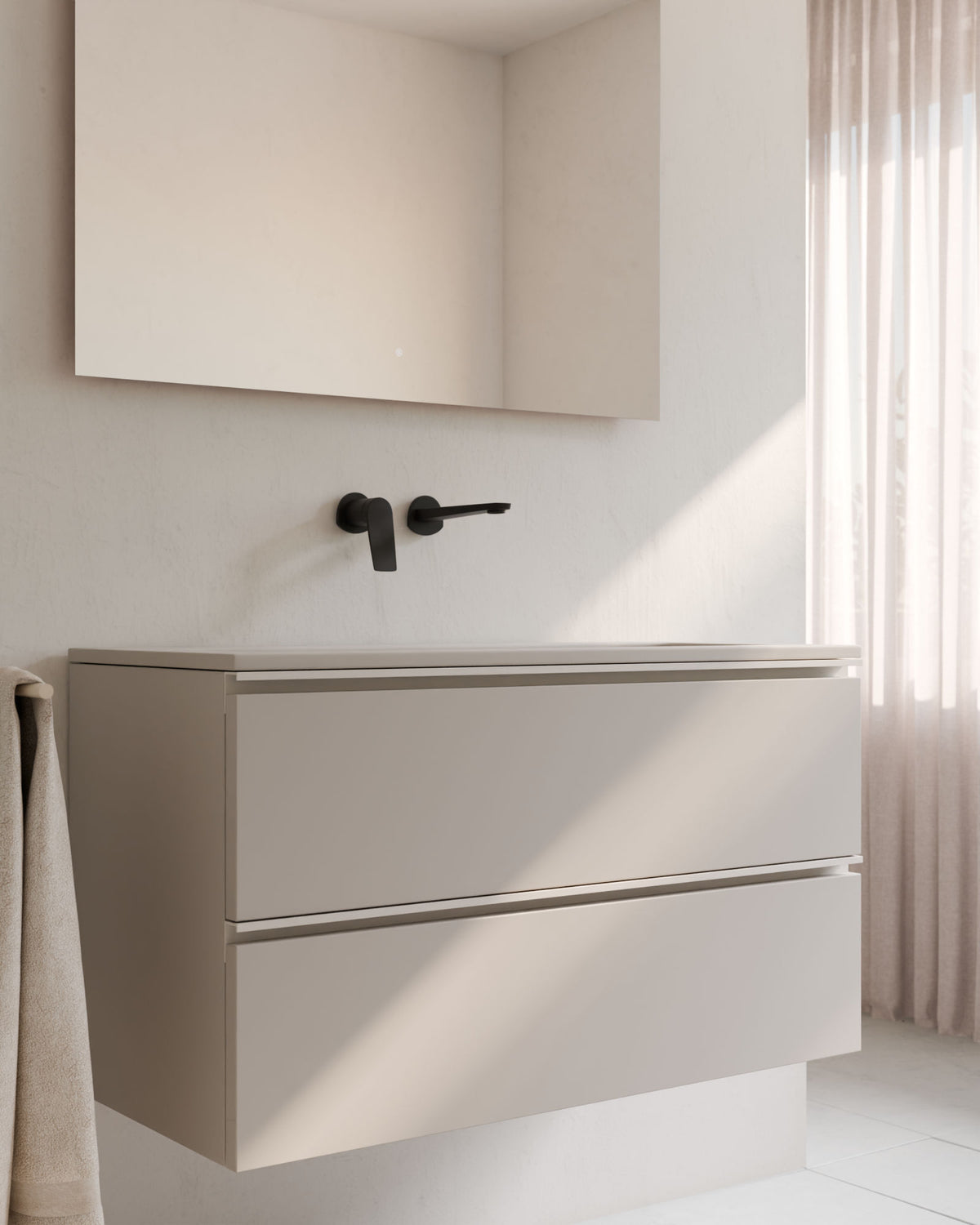 Ronda 2 Schubladen Taupe Weiß – mit Möbelwaschtisch Meira Taupe, Schürze 2 cm, ohne Hahnloch, Nahaufnahme