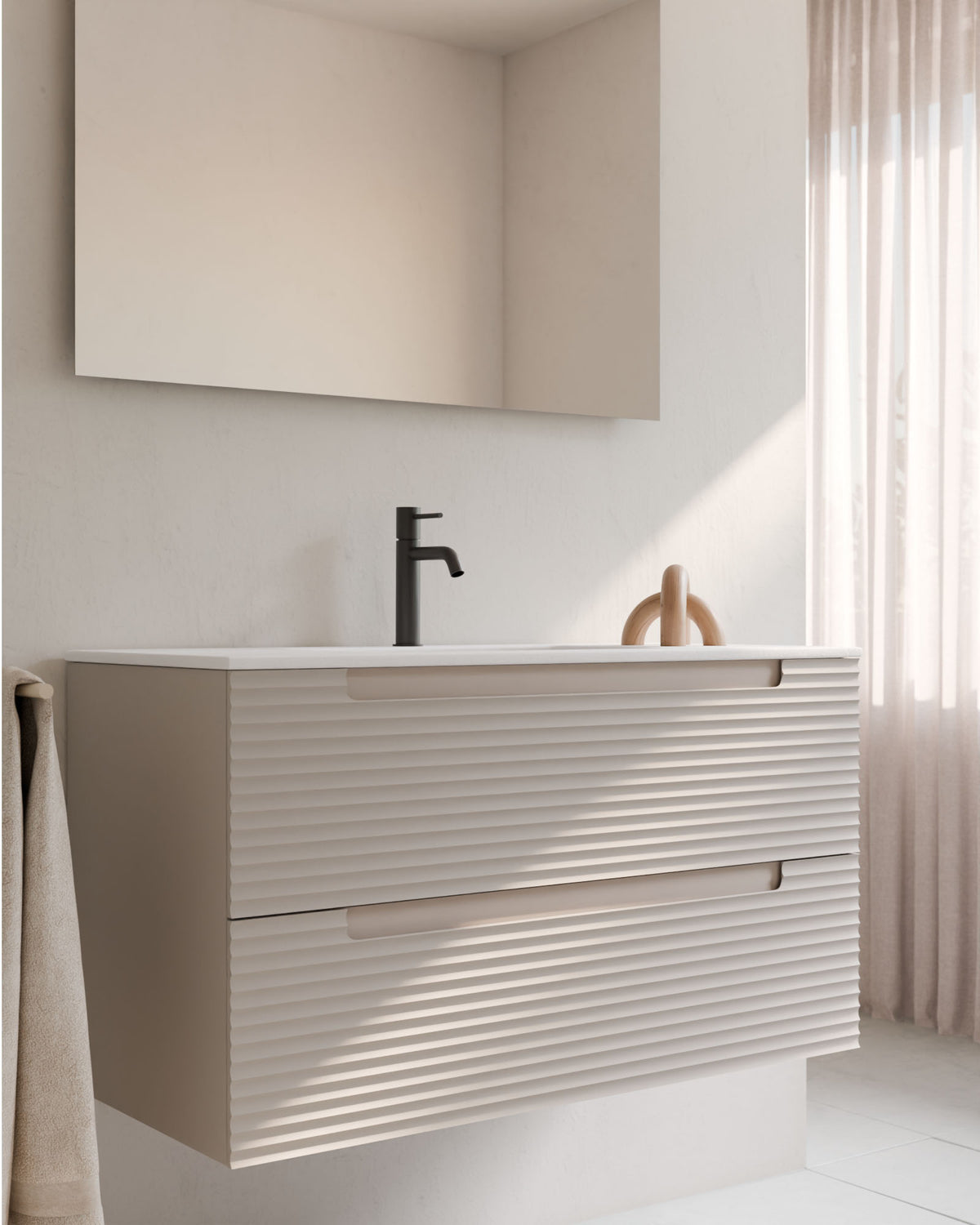 Kairo 2 cajones topo – con lavabo integrado Toren Blanco, Faldón 2 cm, con agujero de grifo, primer plano