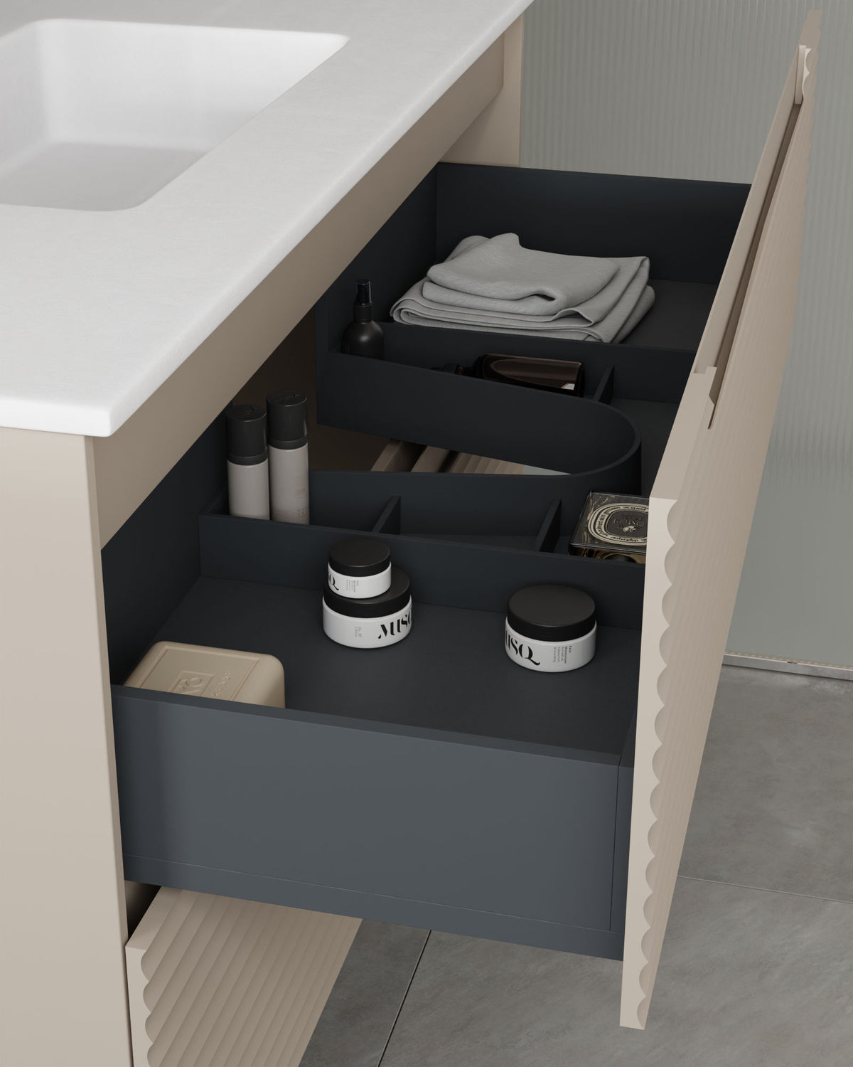 Kairo 2 cajones topo – con lavabo integrado Toren Blanco, Faldón 2 cm, con agujero de grifo, vista del cajón