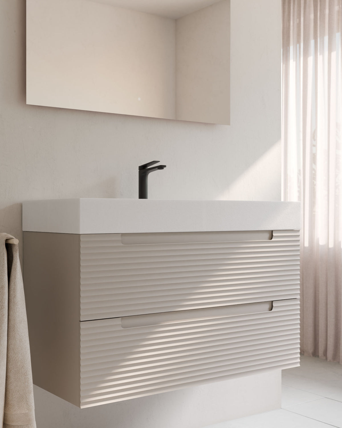 Kairo 2 cajones topo – con lavabo integrado Toren Blanco, Faldón 10 cm, con agujero de grifo, primer plano
