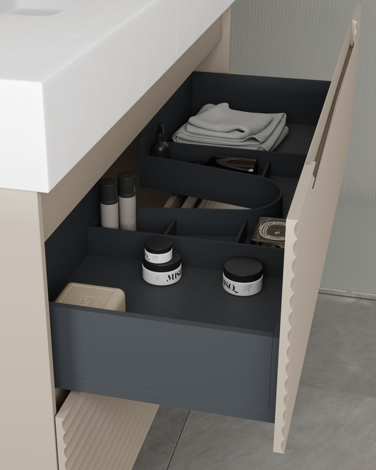Kairo 2 cajones topo – con lavabo integrado Toren Blanco, Faldón 10 cm, sin agujero de grifo, vista del cajón