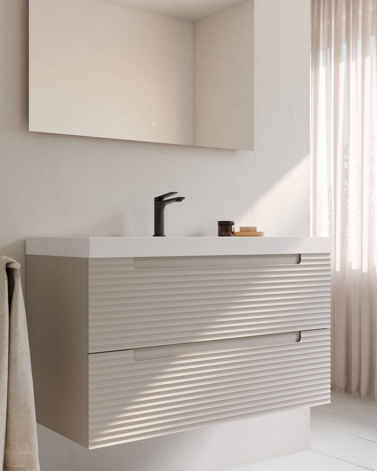Kairo 2 cajones topo – con lavabo integrado Ardelia Blanco, Faldón 6 cm, con agujero de grifo, primer plano