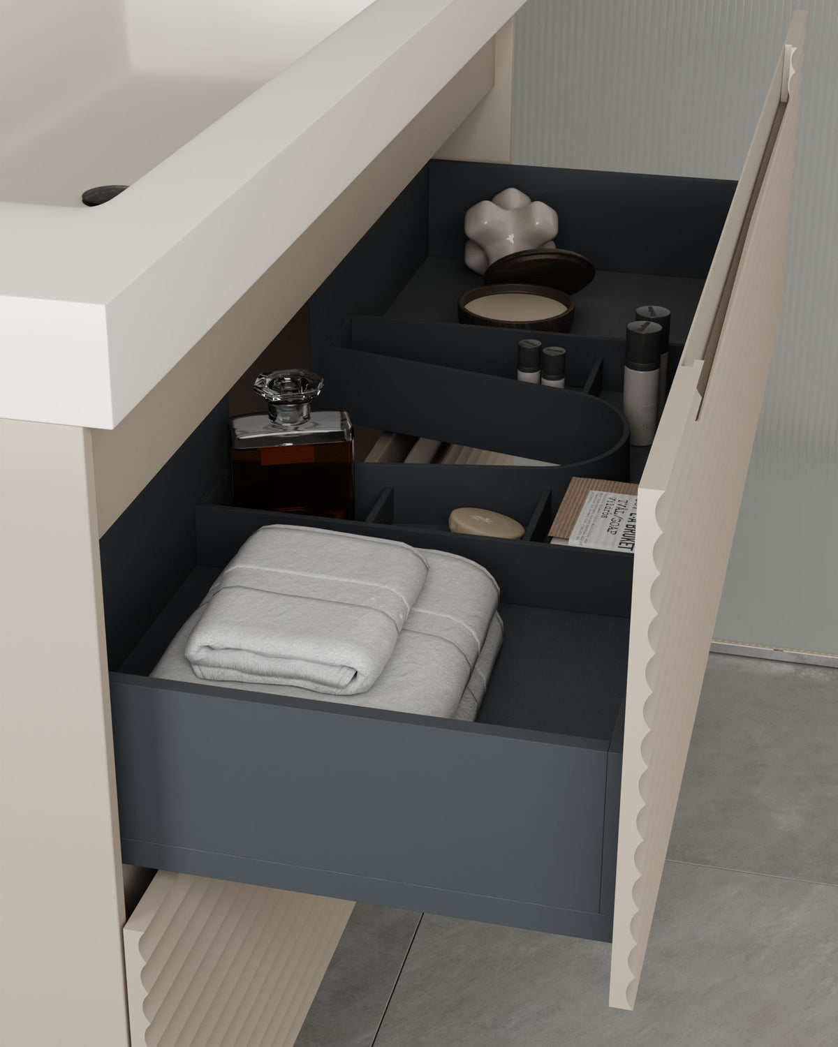 Kairo 2 cajones topo – con lavabo integrado Ardelia Blanco, Faldón 6 cm, con agujero de grifo, vista del cajón