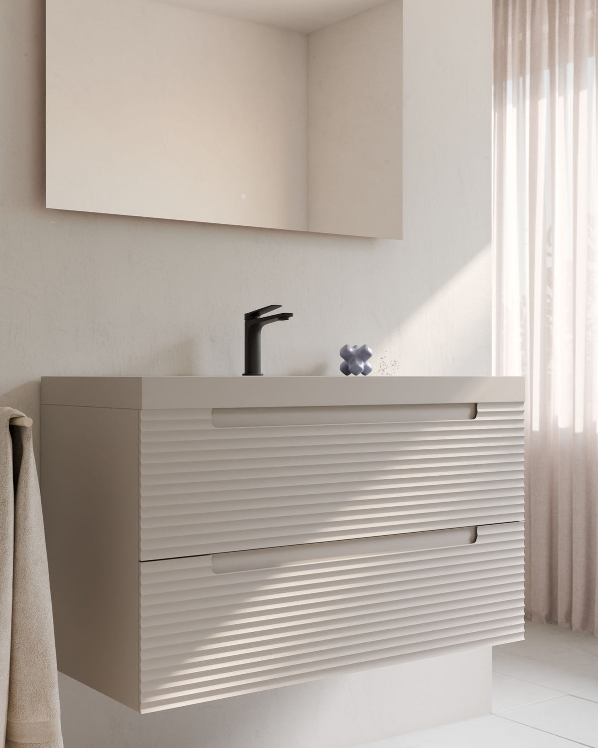 Kairo 2 cajones topo – con lavabo integrado Ardelia Topo, Faldón 6 cm, con agujero de grifo, primer plano