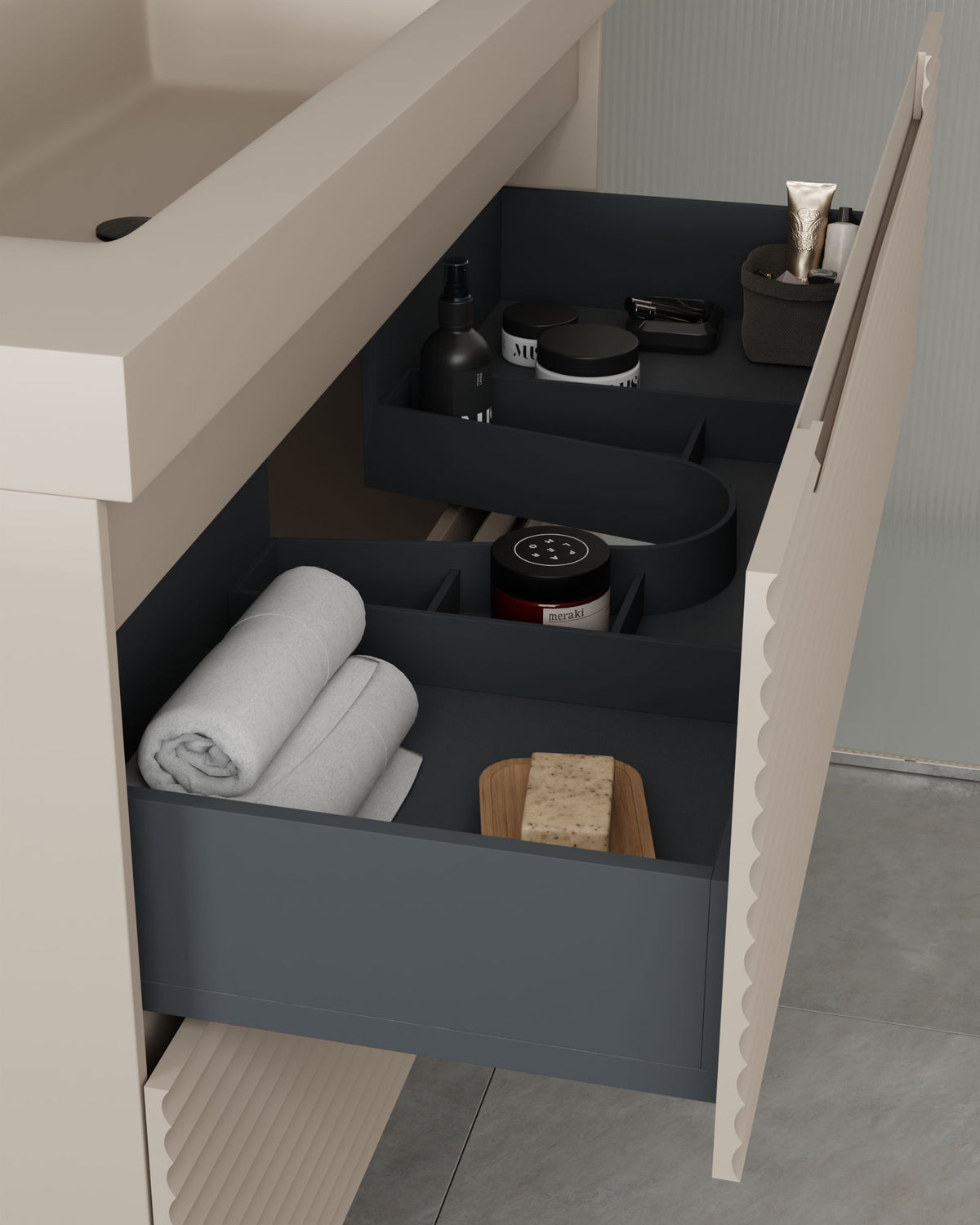 Kairo 2 cajones topo – con lavabo integrado Ardelia Topo, Faldón 6 cm, con agujero de grifo, vista del cajón