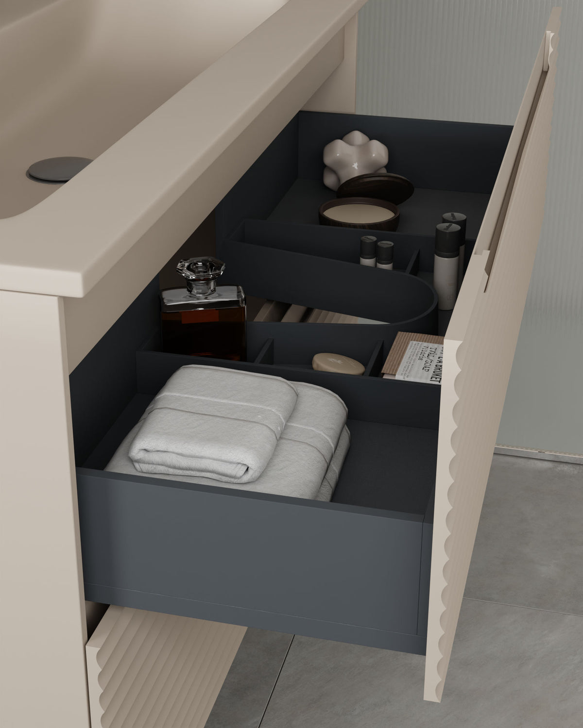 Kairo 2 cajones topo – con lavabo integrado Meira Topo, Faldón 2 cm, con agujero de grifo, vista del cajón