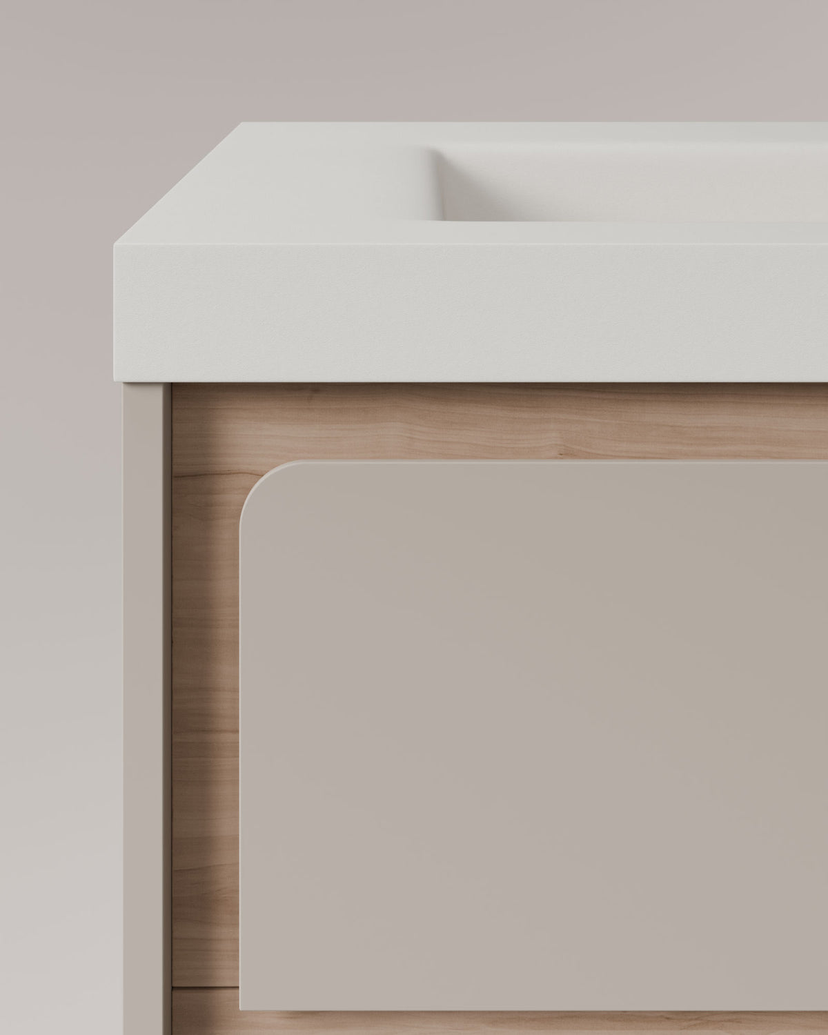 Cyra 2 Schubladen Taupe Eiche Elfenbein – mit Möbelwaschtisch Ardelia Weiß, Schürze 6 cm, mit Hahnloch, Detailansicht