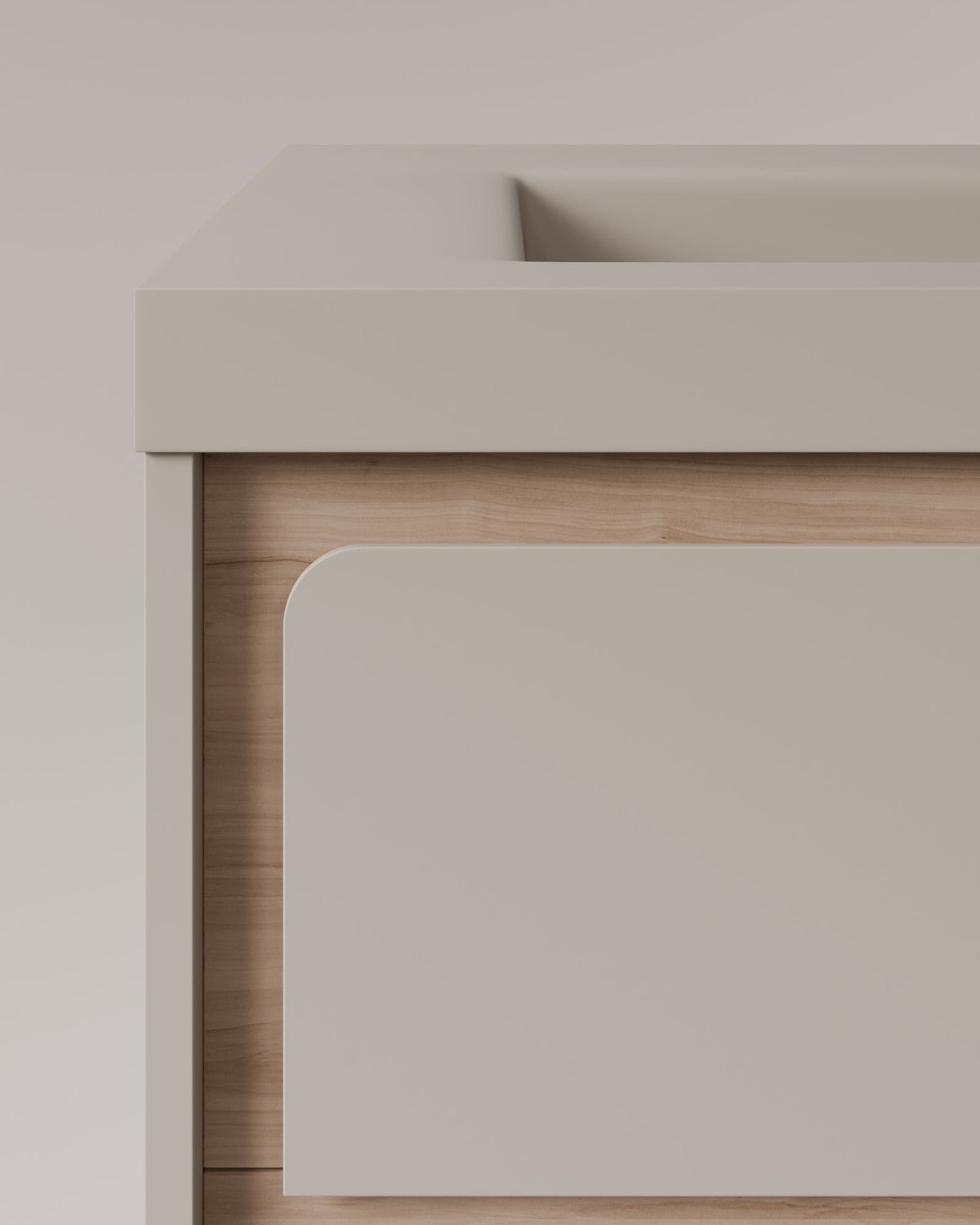 Cyra 2 Schubladen Taupe Eiche Elfenbein – mit Möbelwaschtisch Ardelia Taupe, Schürze 6 cm, mit Hahnloch, Detailansicht
