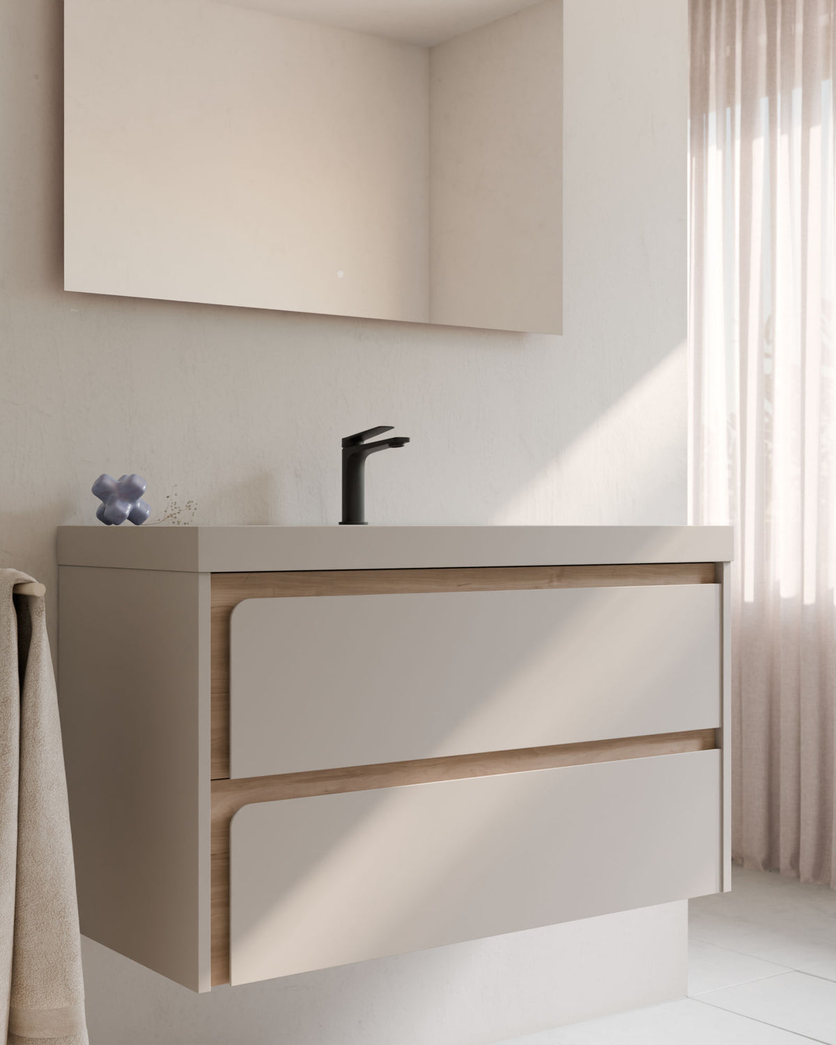 Cyra 2 Schubladen Taupe Eiche Elfenbein – mit Möbelwaschtisch Ardelia Taupe, Schürze 6 cm, mit Hahnloch, Nahaufnahme