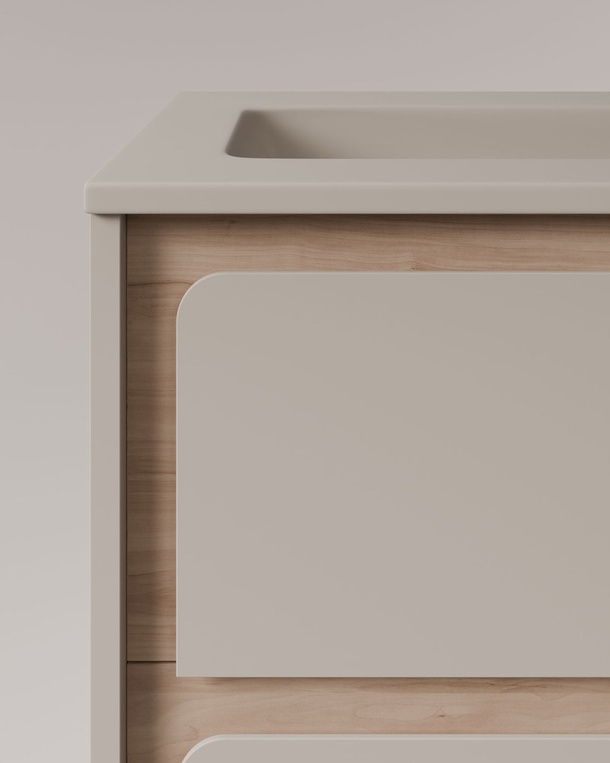 Cyra 2 Schubladen Taupe Eiche Elfenbein – mit Möbelwaschtisch Meira Taupe, Schürze 2 cm, mit Hahnloch, Detailansicht
