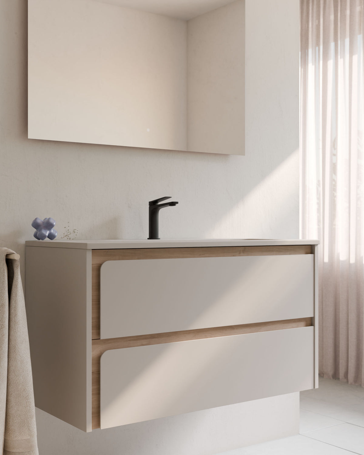 Cyra 2 Schubladen Taupe Eiche Elfenbein – mit Möbelwaschtisch Meira Taupe, Schürze 2 cm, mit Hahnloch, Nahaufnahme
