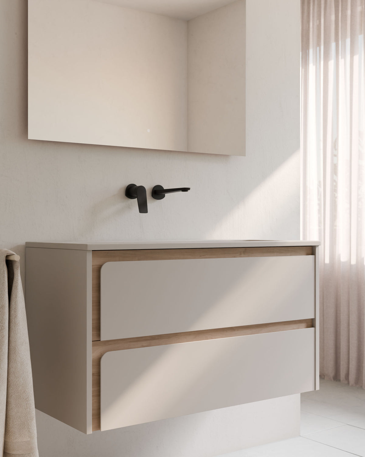 Cyra 2 Schubladen Taupe Eiche Elfenbein – mit Möbelwaschtisch Meira Taupe, Schürze 2 cm, ohne Hahnloch, Nahaufnahme