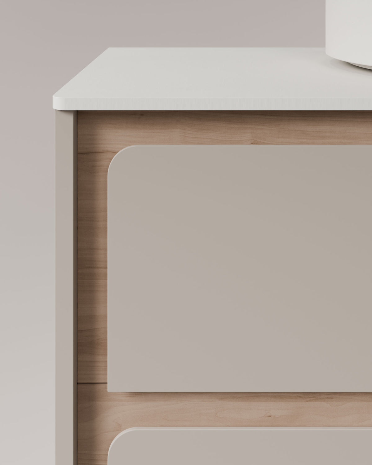 Cyra 2 Schubladen Taupe Eiche Elfenbein – mit Arbeitsplatte Weiß, Detailansicht