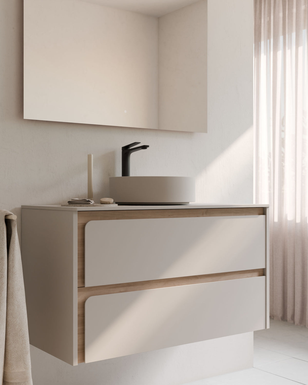 Cyra 2 Schubladen Taupe Eiche Elfenbein – mit Arbeitsplatte Taupe, Nahaufnahme