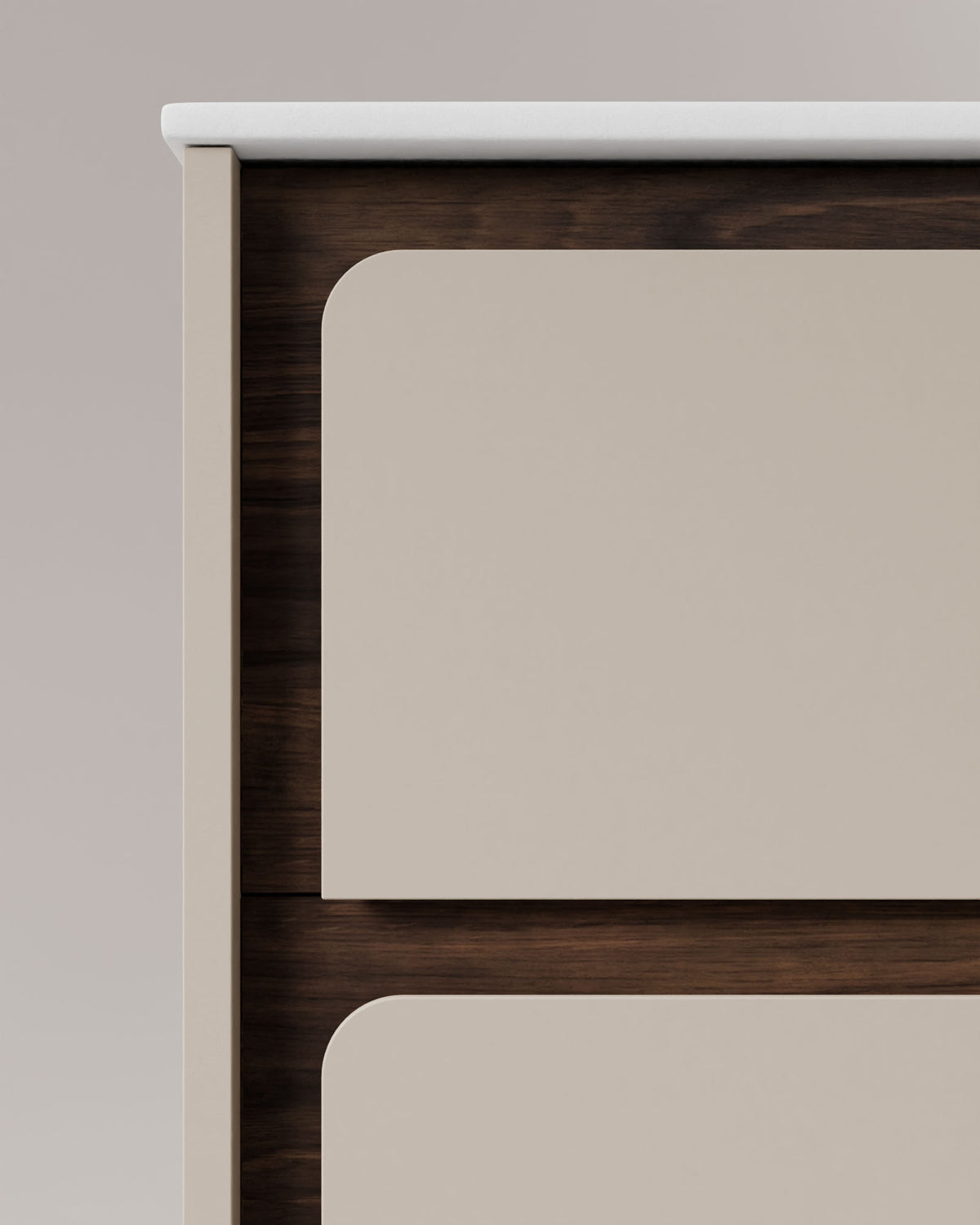 Cyra 2 tiroirs Taupe Noyer – avec plan vasque Toren Blanc, Tablier 2 cm, sans trou de robinet, vue de détail