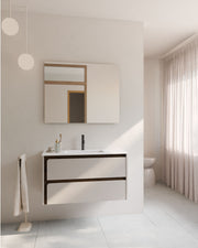 Cyra 2 tiroirs Taupe Noyer – avec plan vasque Toren Blanc, Tablier 2 cm, avec trou de robinet, vue de face