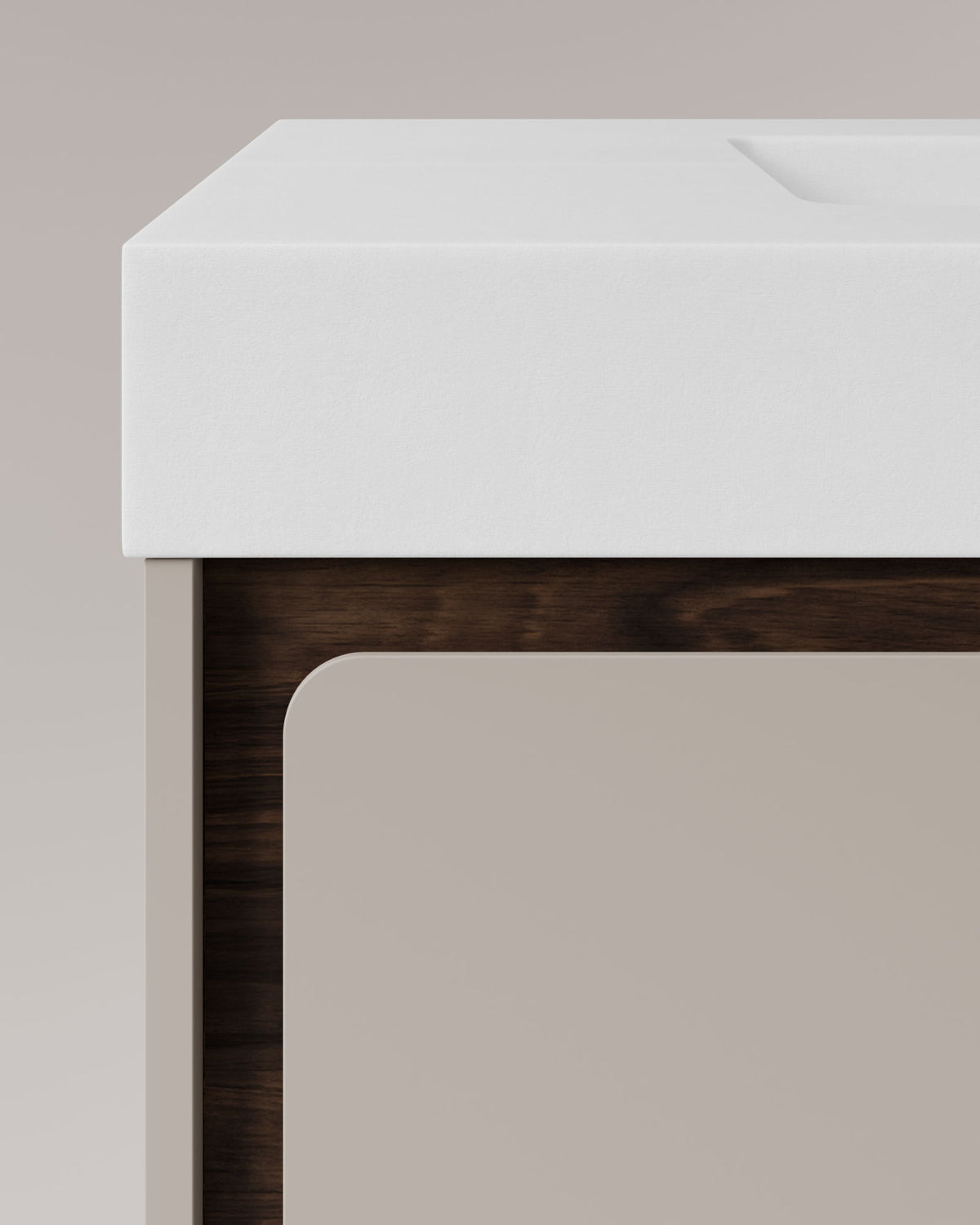 Cyra 2 tiroirs Taupe Noyer – avec plan vasque Toren Blanc, Tablier 10 cm, sans trou de robinet, vue de détail
