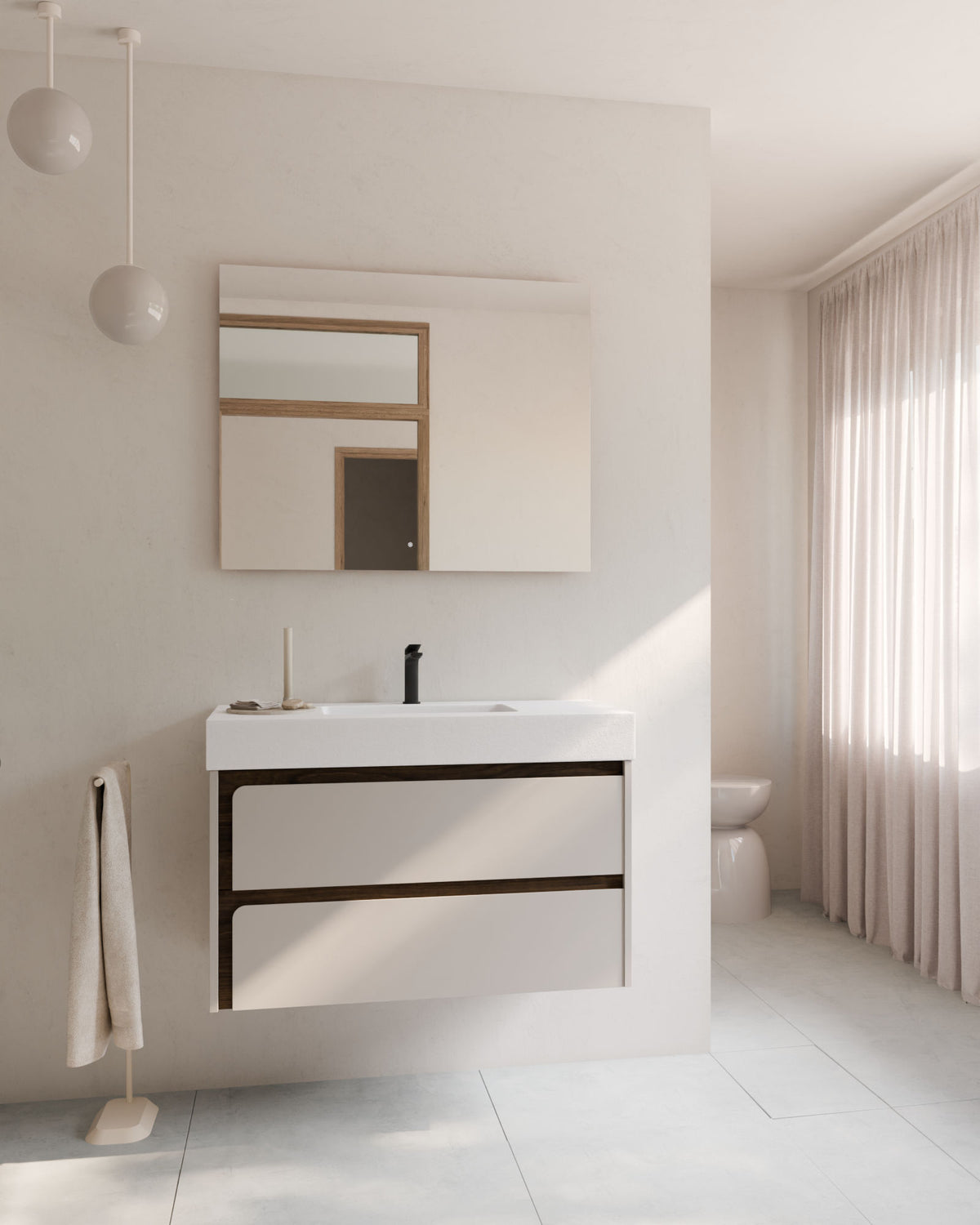 Cyra 2 tiroirs Taupe Noyer – avec plan vasque Toren Blanc, Tablier 10 cm, avec trou de robinet, vue de face