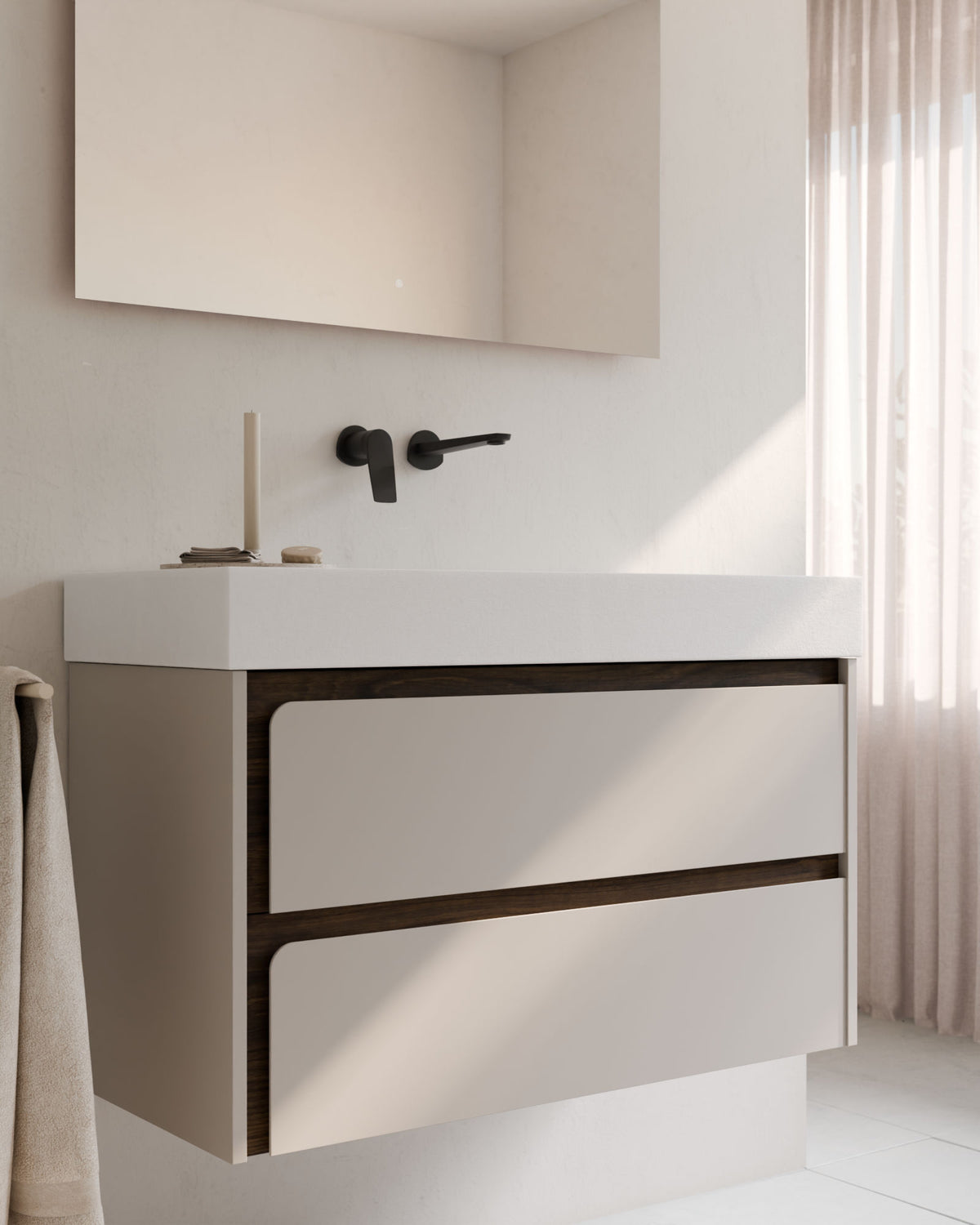 Cyra 2 tiroirs Taupe Noyer – avec plan vasque Toren Blanc, Tablier 10 cm, sans trou de robinet, gros plan
