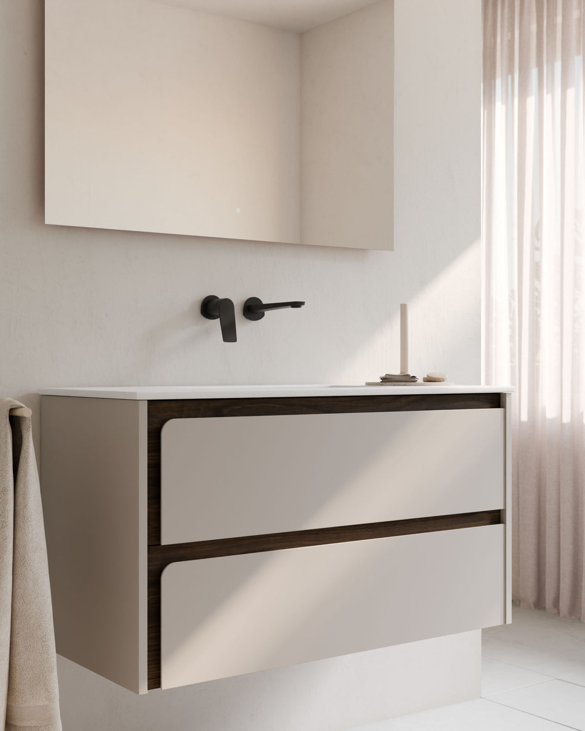 Cyra 2 tiroirs Taupe Noyer – avec plan vasque Toren Blanc, Tablier 2 cm, sans trou de robinet, gros plan