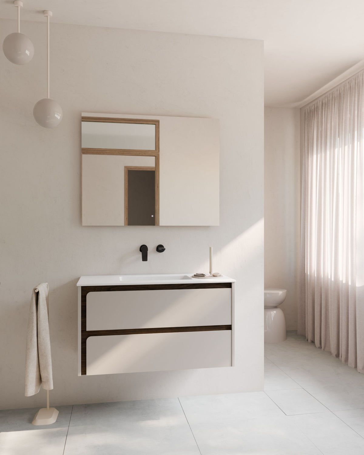 Cyra 2 tiroirs Taupe Noyer – avec plan vasque Toren Blanc, Tablier 2 cm, sans trou de robinet, vue de face