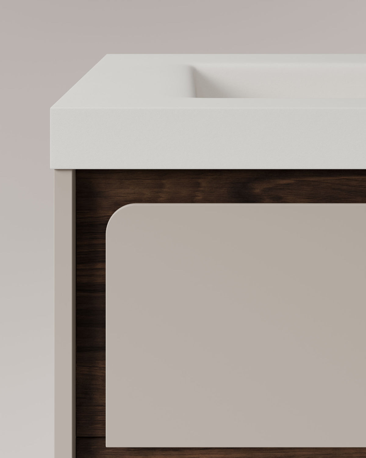 Cyra 2 tiroirs Taupe Noyer – avec plan vasque Ardelia Blanc, Tablier 6 cm, avec trou de robinet, vue de détail