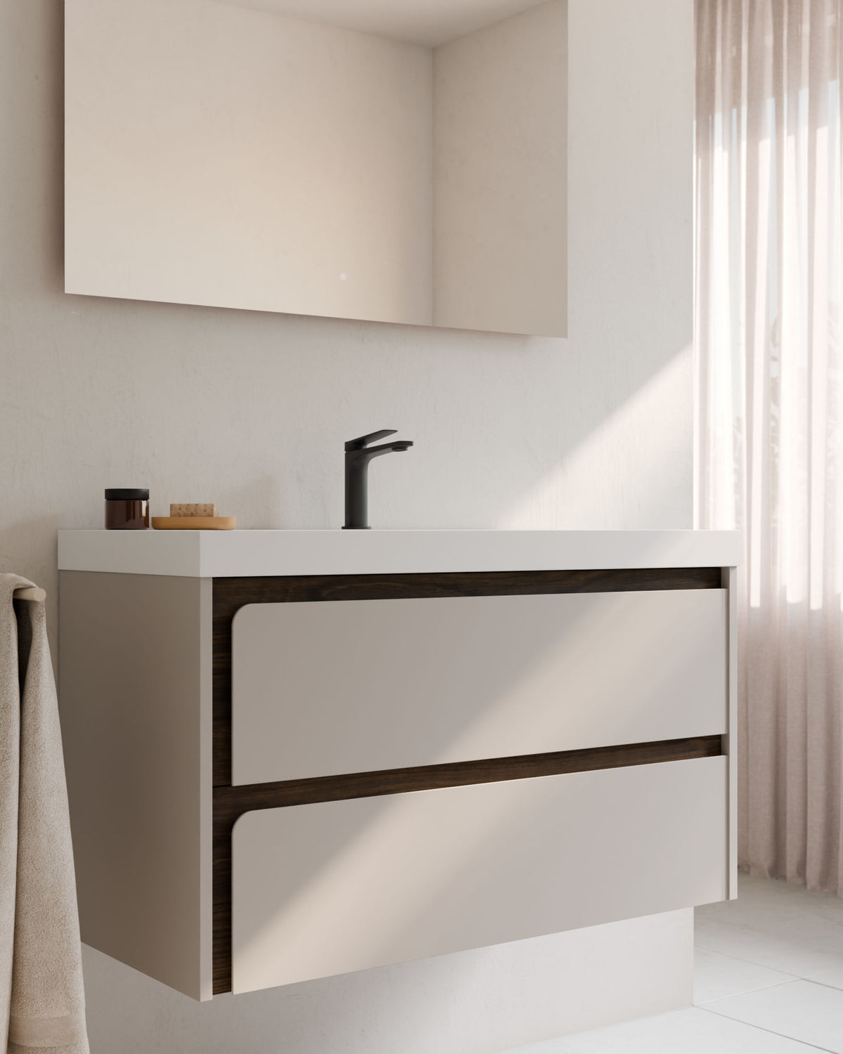 Cyra 2 tiroirs Taupe Noyer – avec plan vasque Ardelia Blanc, Tablier 6 cm, avec trou de robinet, gros plan