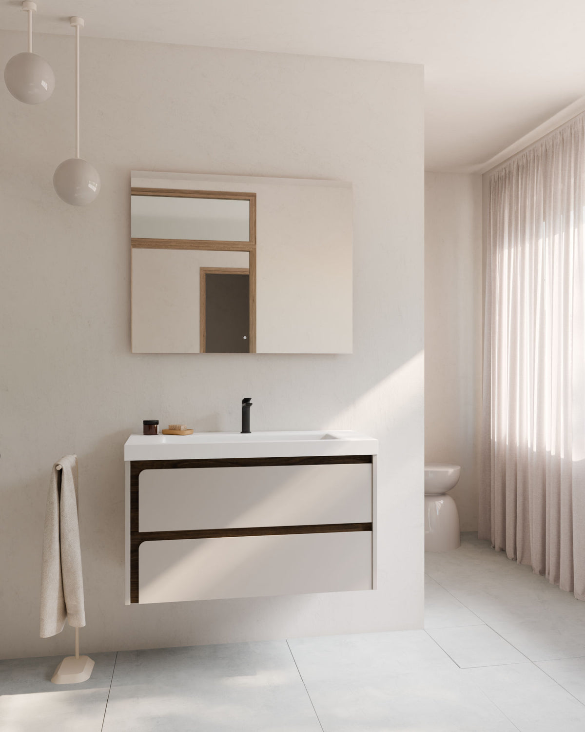 Cyra 2 tiroirs Taupe Noyer – avec plan vasque Ardelia Blanc, Tablier 6 cm, avec trou de robinet, vue de face
