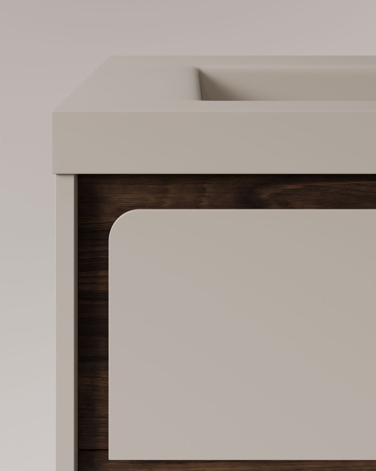 Cyra 2 tiroirs Taupe Noyer – avec plan vasque Ardelia Taupe, Tablier 6 cm, avec trou de robinet, vue de détail