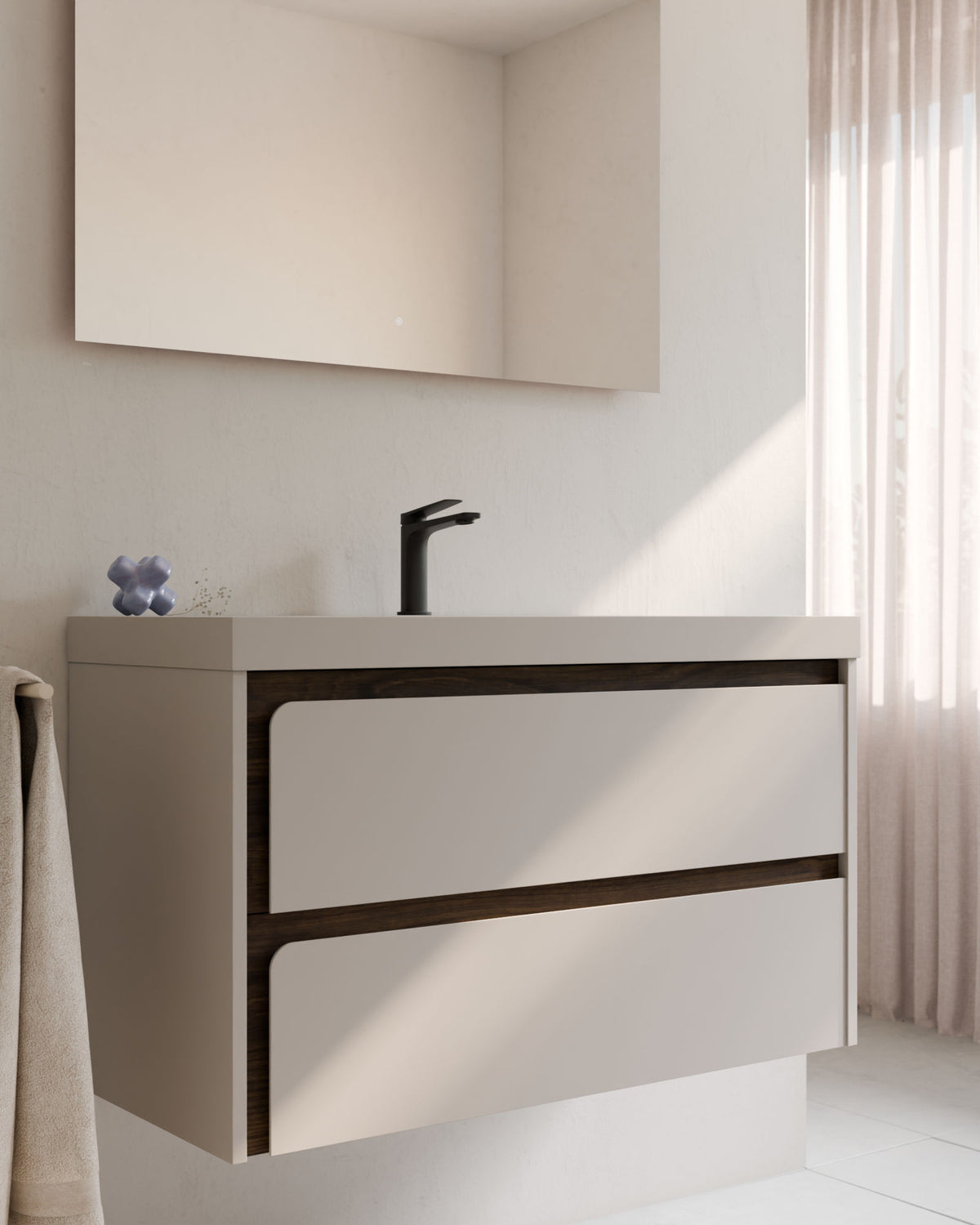 Cyra 2 tiroirs Taupe Noyer – avec plan vasque Ardelia Taupe, Tablier 6 cm, avec trou de robinet, gros plan