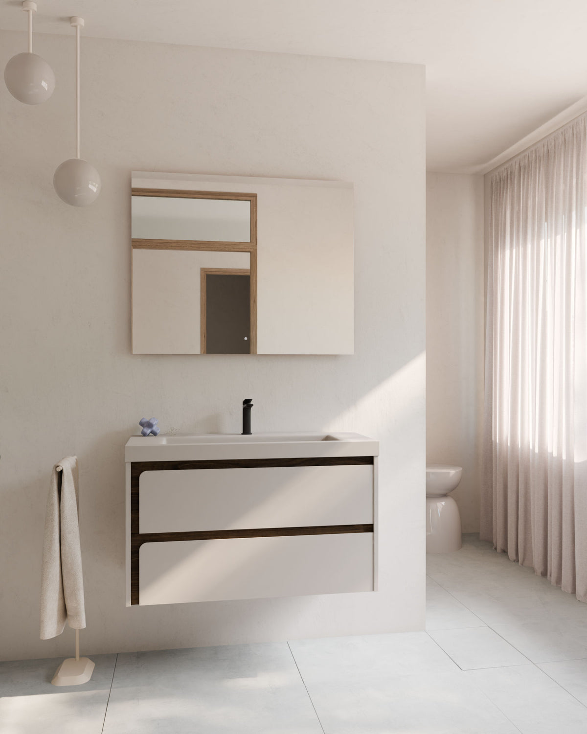 Cyra 2 tiroirs Taupe Noyer – avec plan vasque Ardelia Taupe, Tablier 6 cm, avec trou de robinet, vue de face