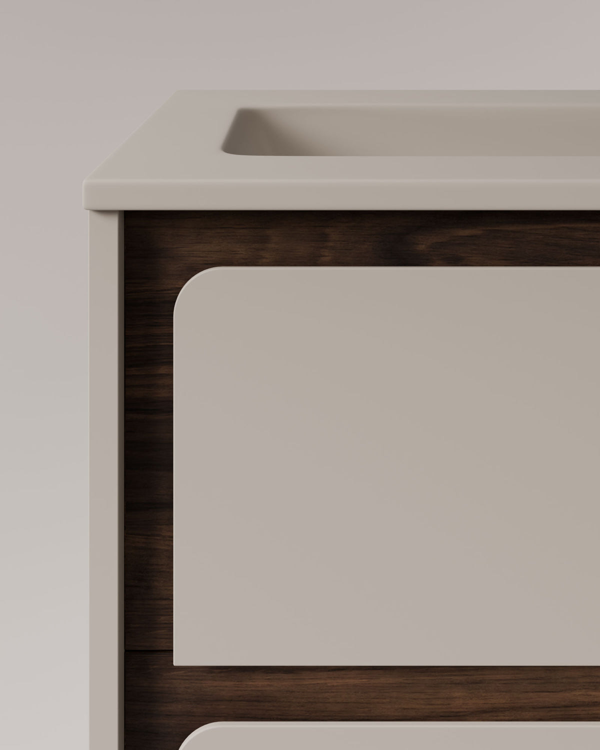 Cyra 2 tiroirs Taupe Noyer – avec plan vasque Meira Taupe, Tablier 2 cm, sans trou de robinet, vue de détail