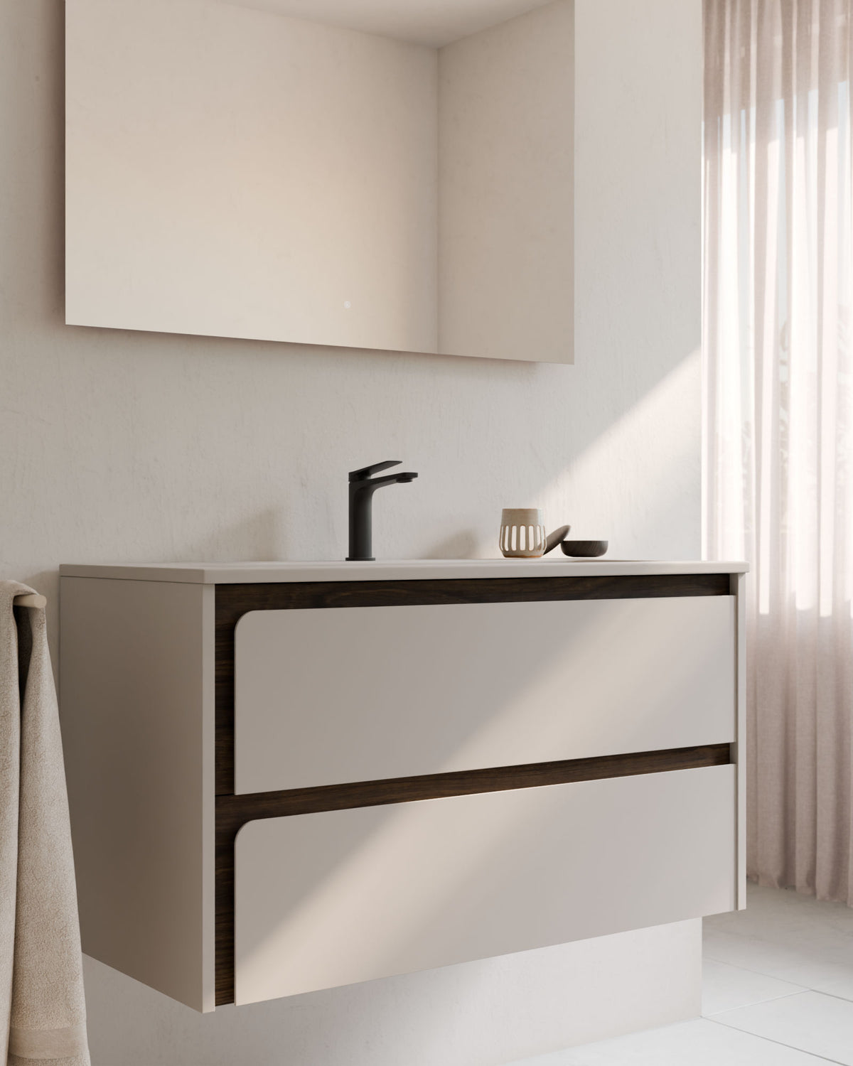 Cyra 2 tiroirs Taupe Noyer – avec plan vasque Meira Taupe, Tablier 2 cm, avec trou de robinet, gros plan