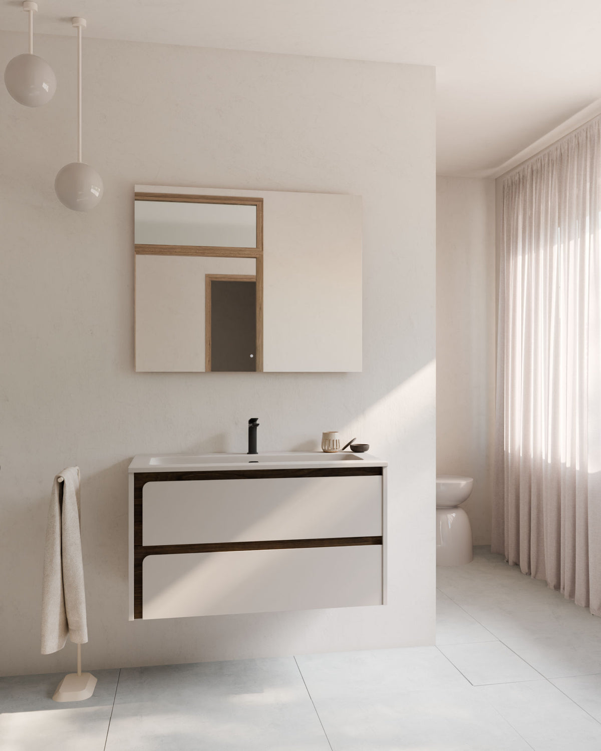 Cyra 2 tiroirs Taupe Noyer – avec plan vasque Meira Taupe, Tablier 2 cm, avec trou de robinet, vue de face