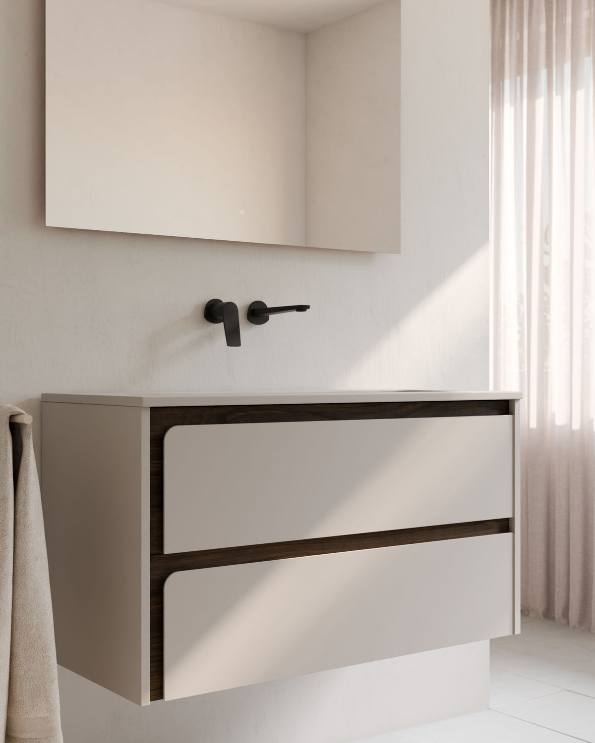 Cyra 2 tiroirs Taupe Noyer – avec plan vasque Meira Taupe, Tablier 2 cm, sans trou de robinet, gros plan